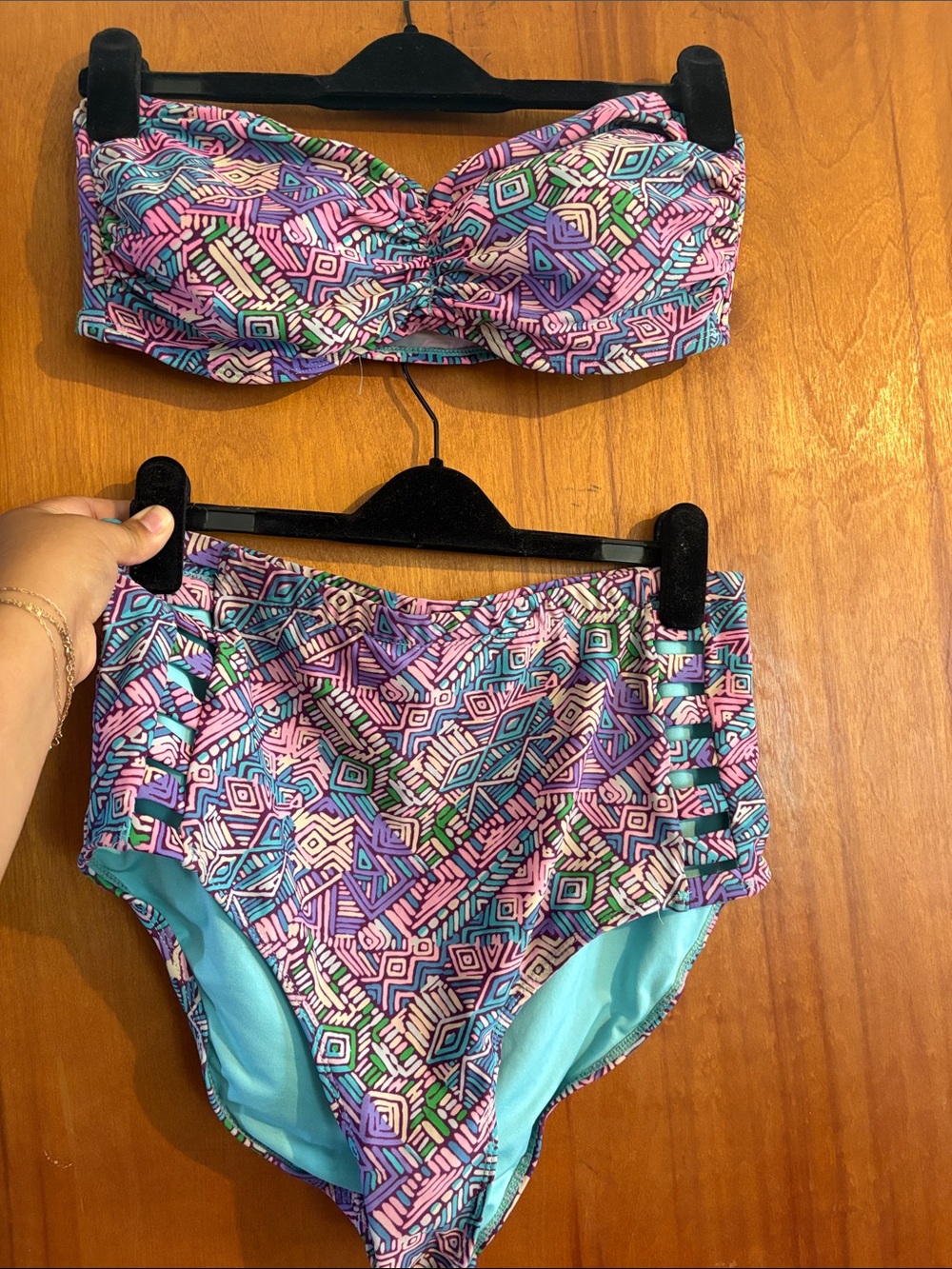Pink & Teal Geometric Bandeau Bikini Set - High Waist
